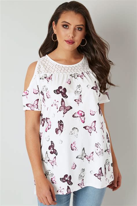 White And Purple Butterfly Print Cold Shoulder Top With Lace Yoke Plus