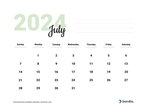 July 2024 Printable Calendar Free Download Pdf