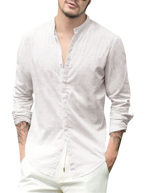 taoliyuan mens linen long sleeve shirts button down mandarin collar casual regular fit dress