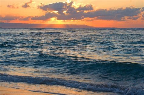 Calm Peaceful Ocean And Beach On Tropical Sunrise Stock