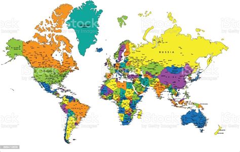 Colorful World Political Map With Clearly Labeled Separated Layers