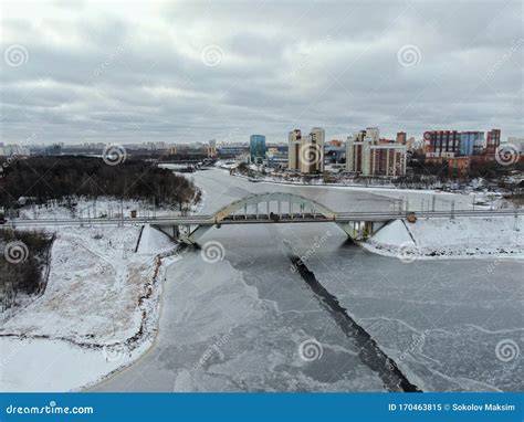 Aerial View Beautiful Urban Landscape Railway Bridge Over Freezing