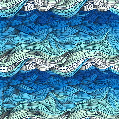Abstract Seamless Water Pattern Hand Drawn Waves Vector Blue Wave