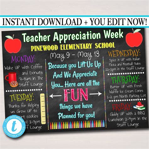 Lift Us Up Theme Teacher Appreciation Week Events Printable — Tidylady