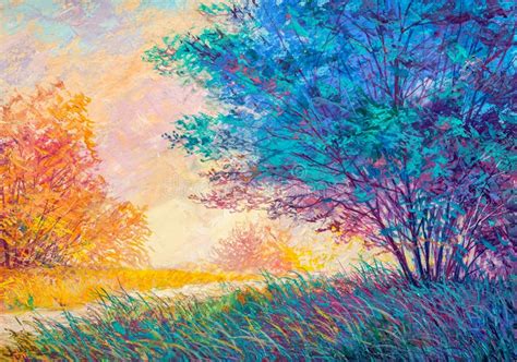 Original Oil Painting Of Autumn Landscape Stock Illustration