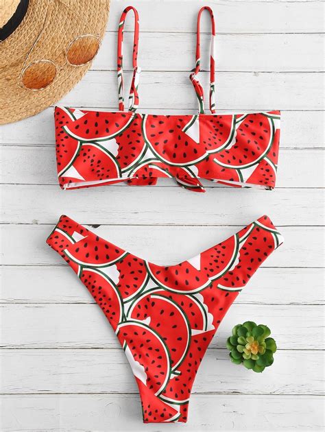 Zaful Watermelon Tied Reversible Bikini Set Multi A Ad Tied