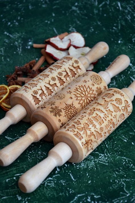 Set Of 3 Baking Rolling Pin Wooden Engraved T For Etsy Christmas