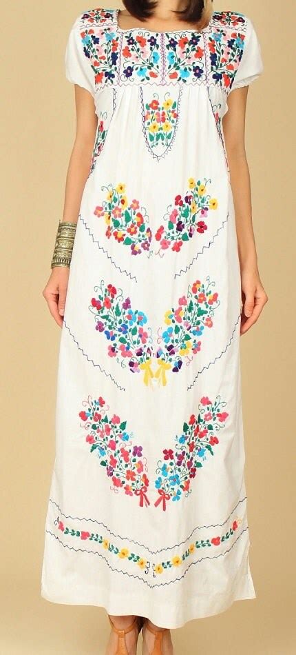 mexican embroidered dress maxi oaxacan floral cotton vintage