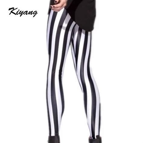 Womens Black And White Striped Spandex Leggings Plus Size Fashion