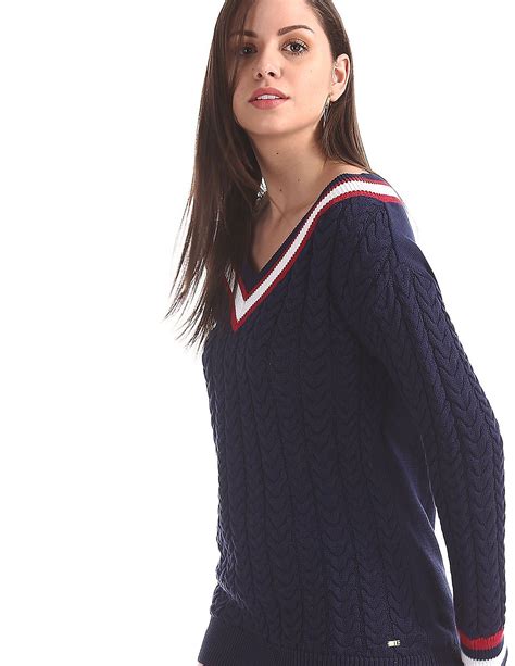 Buy Us Polo Assn Women Blue V Neck Cable Knit Sweater