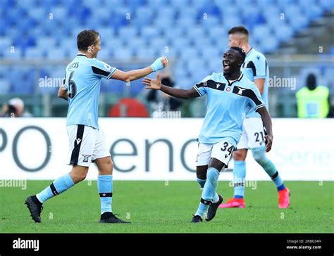 Bobby Adekanye Of Lazio Celebrates With Lucas Leiva During The Football