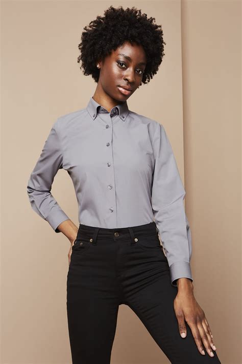 Women's Long Sleeve Button Collar Shirt, Mid Grey - SHOP BY INDUSTRY