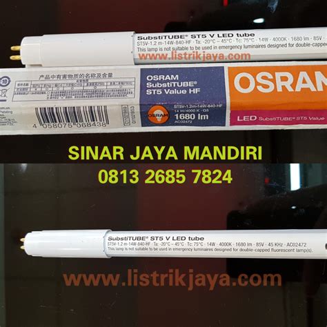 Lampu led osram memiliki beberapa tipe, yaitu 3,5 watt (setara dengan 25w lampu pijar), 4,7 watt (setara 40 watt lampu pijar), 7,5 watt (setara 60 watt lampu pijar), 9 selain desain yang universal, lampu led osram juga tidak mengandung merkuri sehingga limbahnya aman bagi lingkungan. Jual Lampu TL T5 Led 14W Osram ST5 Value HF | Sinar Jaya ...