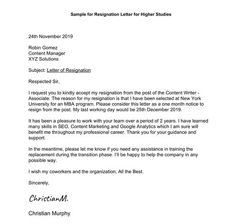 Sample Of A Resignation Letter