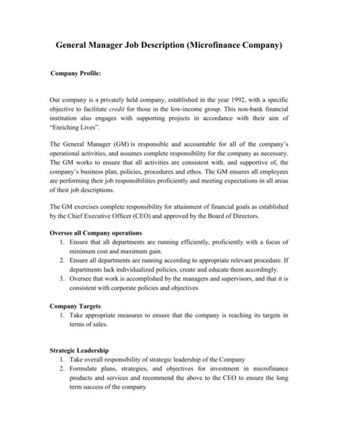 Sample Job Description — General Manager