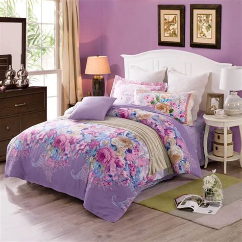 Blossoming Flowers Pattern Light Purple Bedding Set Floral Print Linens