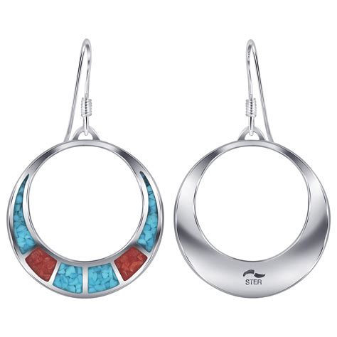 Sterling Silver Turquoise Coral Gemstone Chip Inlay Hoop Shape Drop