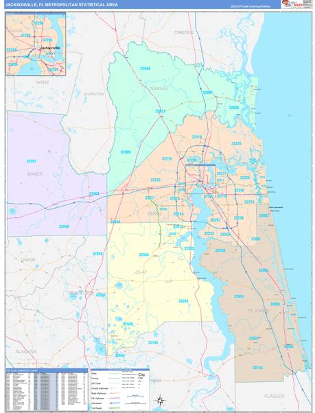 Jacksonville Fl Metro Area Wall Map Color Cast Style By Marketmaps