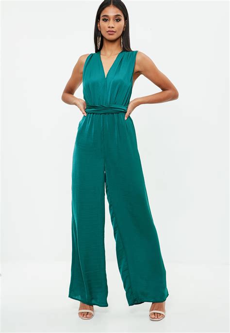 Lyst Missguided Green Satin Multi Way Wide Leg Jumpsuit In Green