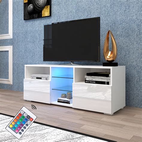 Modern White Tv Stand With Led Lights High Gloss 12 Colors Led