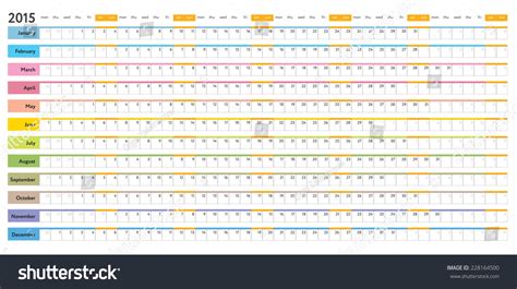White Linear Calendar 2015 With Days Of Week And Months Color Coding