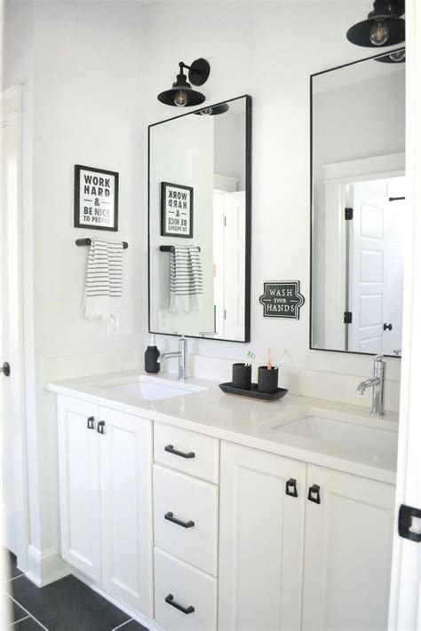 Grey hexagon tiles definitely look modern and elegant. A Black and White Shared Bathroom- Full Tour of this ...