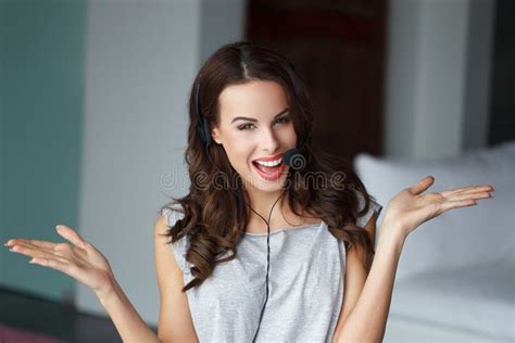 Casual Brunette Woman With Headset Talking Stock Image Image Of