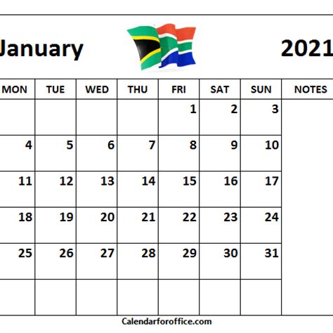 January 2021 Calendar South Africa Qualads