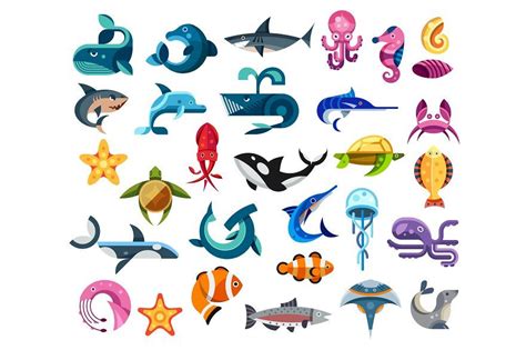Fishes And Sea Animals Flat Icons Of Ocean Life Vector Kids Design In