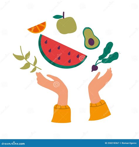 Vegetales Y Alimentos Orgánicos Manos Y Frutos De Dibujos Animados