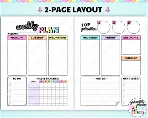 Weekly Planner Printable 2 Page Layout Spread Rainbow Etsy