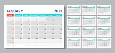 Planificador Año 2021 Plantilla De Calendario La Semana Comienza El Domingo Cuadrícula De
