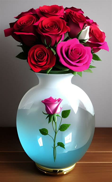 A Vase Filled With Red And Pink Roses On Top Of A Wooden Table Next To