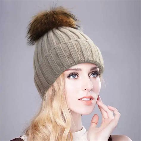 18 Colors Winter Wool Knitted Women Hat Real Big Size Real Raccoon Fur Pom Pom Girls Beanie