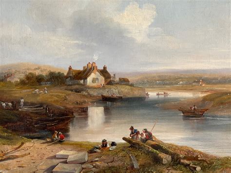19th Century English River Landscape With Figures Horses Cottage
