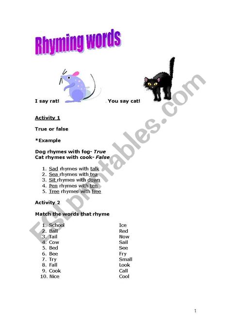 Rhyming Words I Say Rat You Say Cat Esl Worksheet By Lisalot66