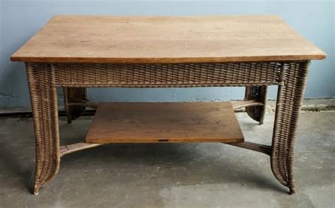 Heywood Wakefield Mission Style Oak And Wicker Library Table Arts