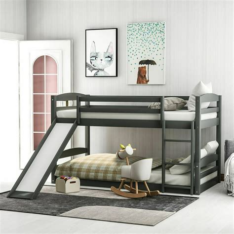 Modern Solid Wood Low Bunk Bed Twin Over Twin Low Bunk Bed With Slide