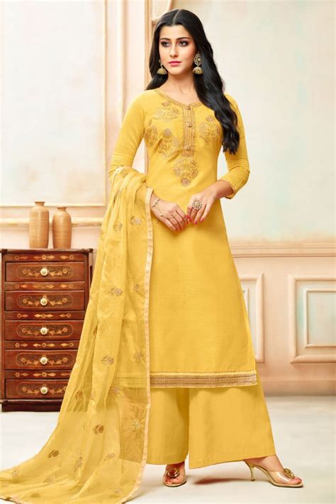 Yellow Silk Embroidered Designer Plazo Salwar Suit With Nazmin Dupatta