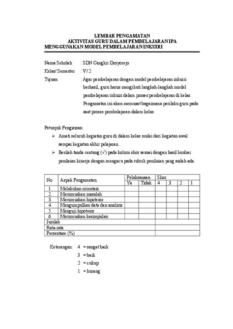 Doc Lembar Pengamatan Aktivitas Guru Dalam Pembelajaran Ipa