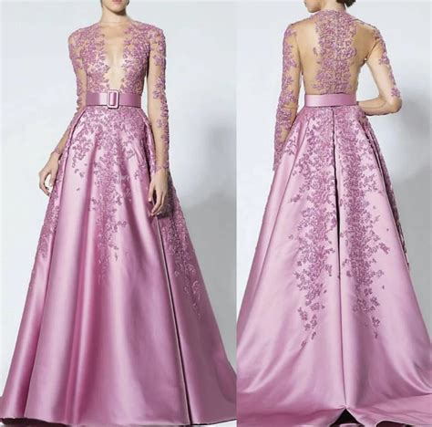 fashion pink evening dresses 2017 long sleeves appliques lace beaded a line women pageant dress