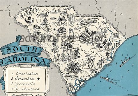 South Carolina Map Vintage Map Art High Res Digital Image Of A 1930s
