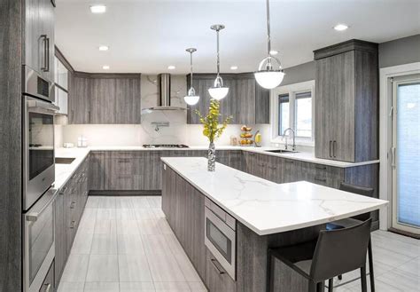 Modern Grey Stained Kitchen Cabinets With Blue Backsplash And Upper