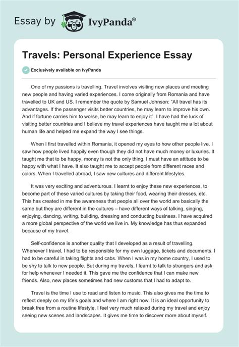 Travels Personal Experience 717 Words Essay Example