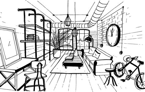 Modern Living Room Interior In Loft Style Hand Drawn Sketch