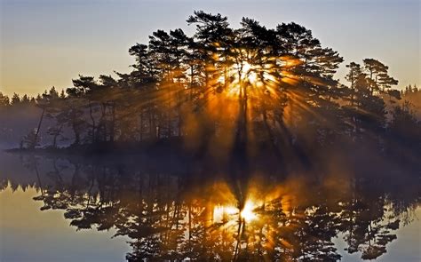 Tapety Slunečnímu Záření Stromy Krajina Západ Slunce Jezero Voda