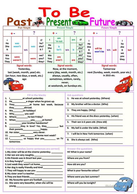 It is used to describe habits, unchanging situations, general truths, and fixed just use the base form of the verb: To Be (Past, Present, Future) - English ESL Worksheets for ...