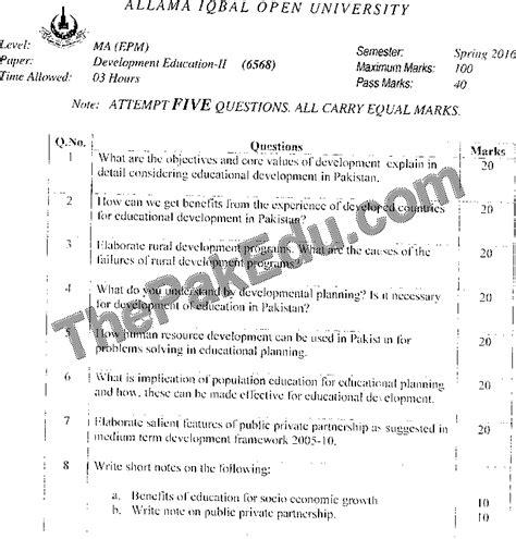 Development Education Ii Code No 6568 Spring 2016 Aiou Old Papers