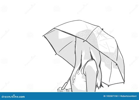 Isolated Illustration Of Young Woman Holding Umbrella In The Rain And