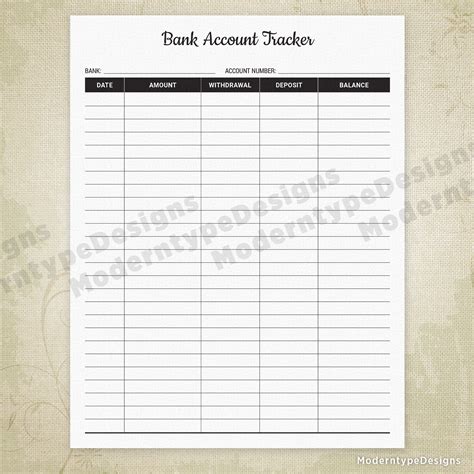 Bank Account Tracker Printable Financial Planning Printables